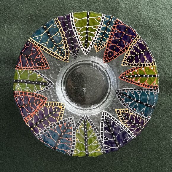 Handmade Mandala Glass Bowl Turquoise Purple Lavender Gold Glazed Signed '04